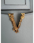 Versace Virtus Top Handle Grained Calfskin Light Blue Tote