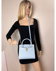 Versace Virtus Top Handle Grained Calfskin Light Blue Tote