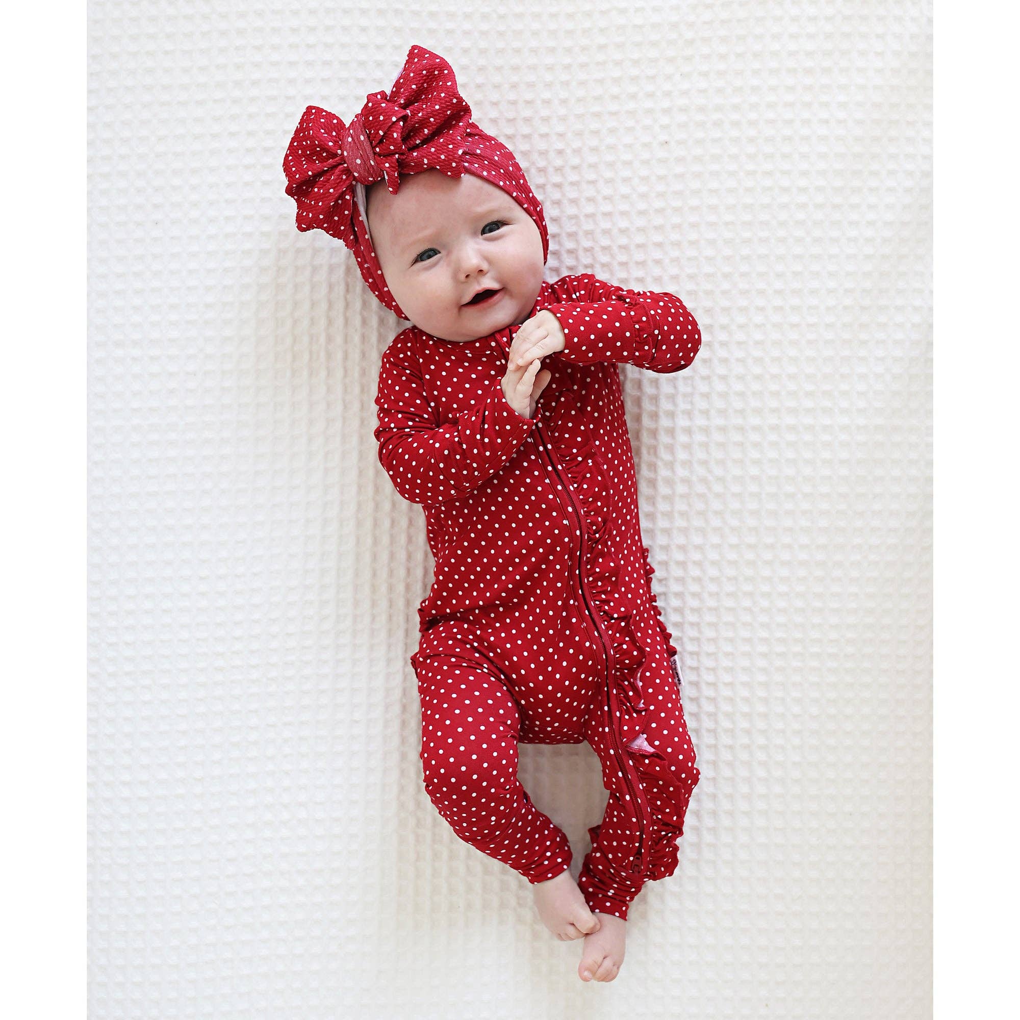 Gigi and Max Ivy Red Polka Dot Ruffle Zip Romper