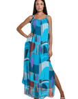 The Strawberry Shop Marla maxi dress in blue silk with a funky retro geometric print, spaghetti straps, and side slits