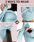 Sequin Ponytail Beanie with Top Bow - Light Blue
