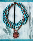 Blue Turquoise Collar-Length Necklace w/ Indian Buffalo Coin 114E