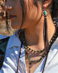Turquoise Drop Earrings w/ Brown Leather Tassel 203z