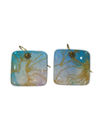 Handmade Resin & Fabric Square Drop Earrings – Blue Gold Tree