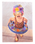 Excited Girl in Floral Swim Cap Greeting Card