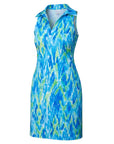 The Strawberry Shop sleeveless green watercolor knit dress made of polyester and spandex. Features a collared neckline and classic cut.