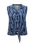 The Strawberry Shop La Mer Luxe sleeveless navy blue rayon top with white rope print and front tie detail.
