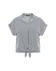 The Strawberry Shop navy and white striped cotton collared short sleeve top with front tie detail.