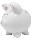 The Strawberry Shop Gypsy Rose Piggy Bank in white ceramic with handpainted pink rose and green leaf floral motifs.