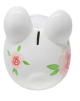 The Strawberry Shop Gypsy Rose Piggy Bank in white dolomite ceramic with handpainted pink floral motifs and coin slot.