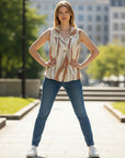 The Strawberry Shop Eliza's Horizon Linen Top: sleeveless, collared, button-front with vertical stripes in beige and rust. 100% linen.