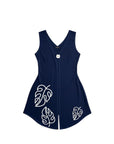 The Strawberry Shop navy viscose & elastane tunic top with V-neck, white button detail and Monstera leaf print.