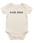 The Strawberry Shop cream organic cotton short-sleeve baby bodysuit with "rock star" text and a small yellow star.