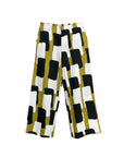 The Strawberry Shop Foil Pants FO6918: Wide-leg cropped pants with a bold abstract print in olive green, black, and white.