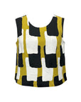 The Strawberry Shop Foil Top FO6917: Sleeveless mustard yellow top with a black and white abstract block print. Relaxed fit.