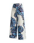 The Strawberry Shop It's Only Natural linen pants in white with a bold blue and dark red floral print. Relaxed fit, wide leg.