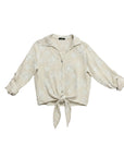 The Strawberry Shop natural linen floral print V-neck button-front top with tie waist and rolled 3/4 sleeves.