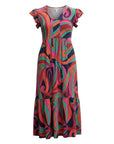 The Strawberry Shop La Mer Luxe Brooke midi dress in navy, aquamarine, pink, and orange abstract print. Knit short sleeve with tiered skirt.