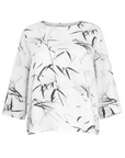 The Strawberry Shop white 3/4 sleeve top with a black bamboo print and round neck.