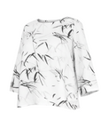 The Strawberry Shop white 3/4 sleeve top with a black bamboo print and round neck.