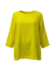 The Strawberry Shop yellow linen blend A-line top with 3/4 sleeves and raw edge hem detail.