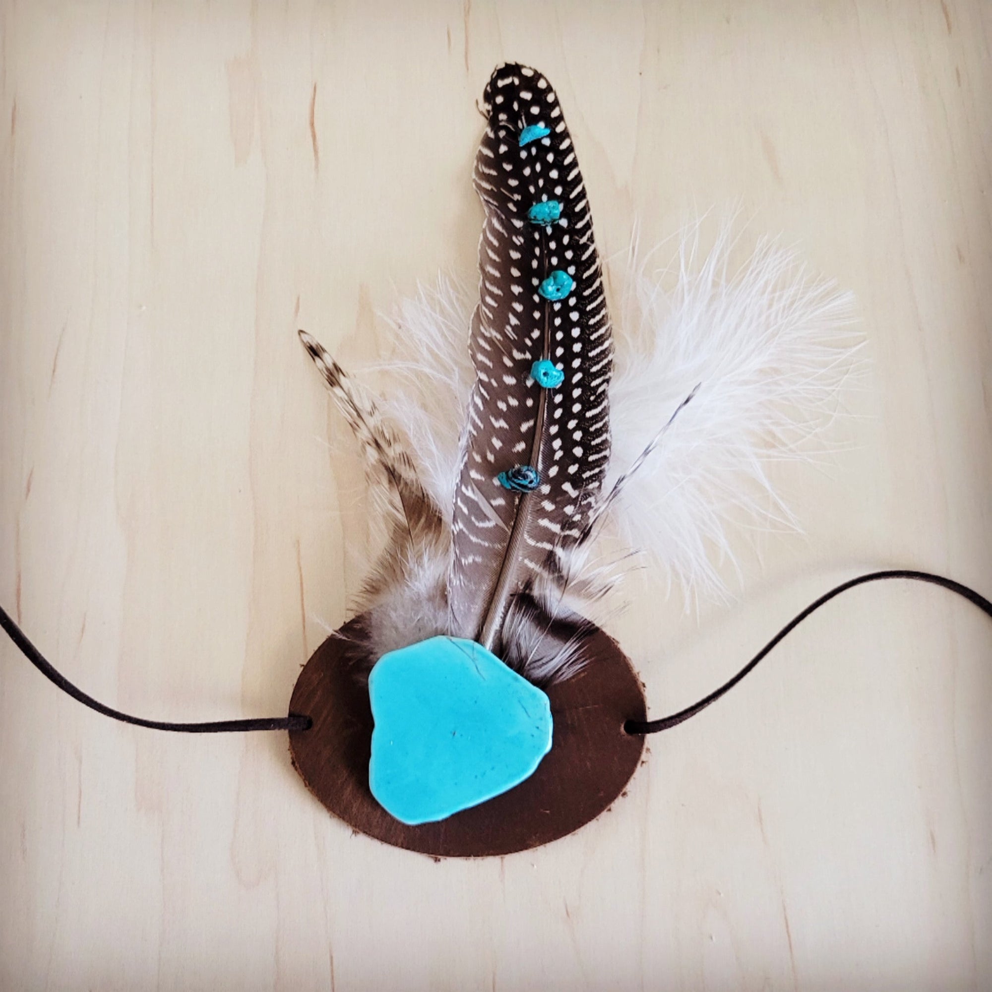 Turquoise Accent Guinea Feather &amp; Leather Hat Band Only 952e