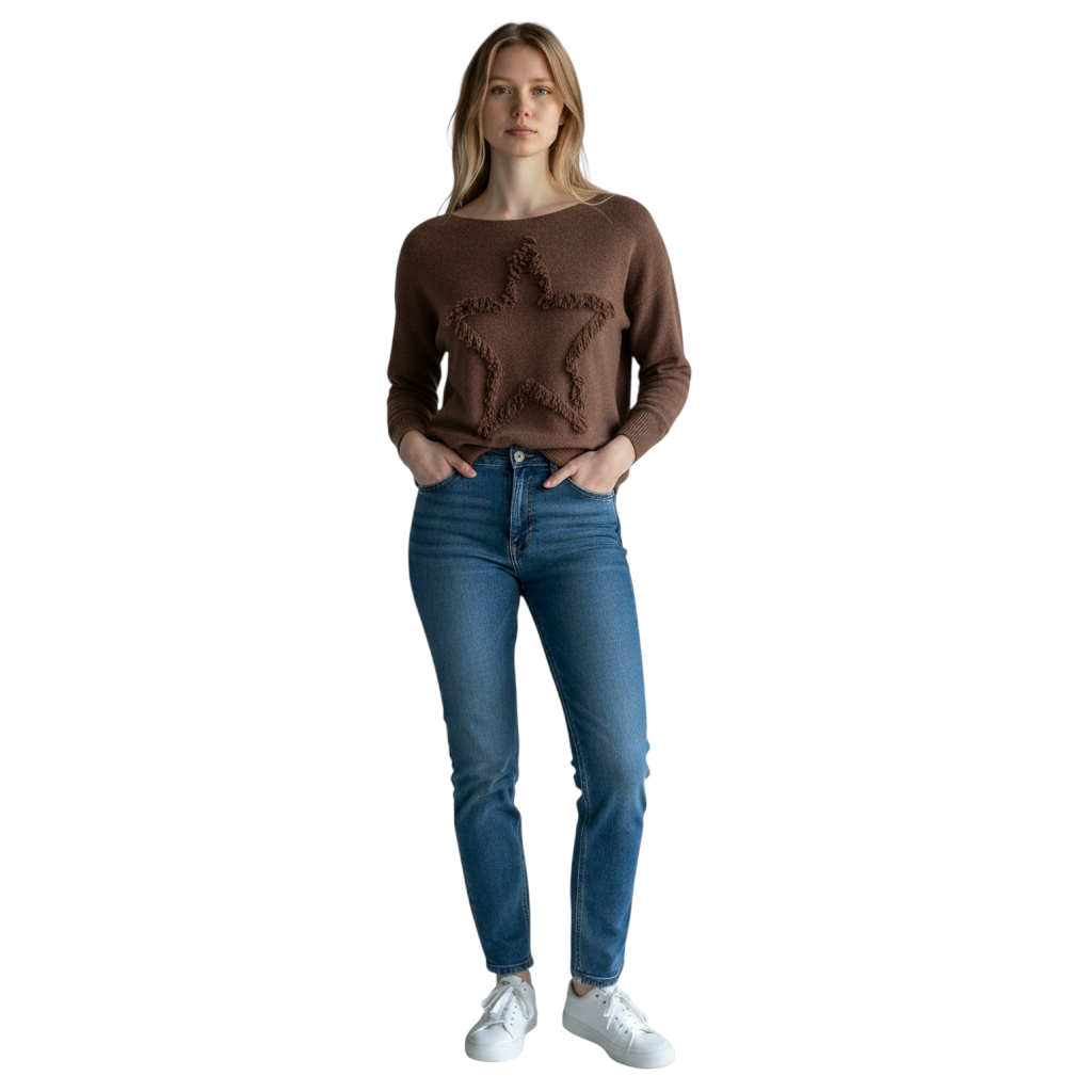 The Strawberry Shop Compli K chocolate brown knit sweater featuring a star fringe detail worn with blue jeans