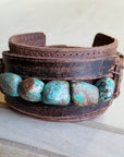 Genuine Leather Wide Cuff Bracelet w/ Natural Turquoise Chunks 006p