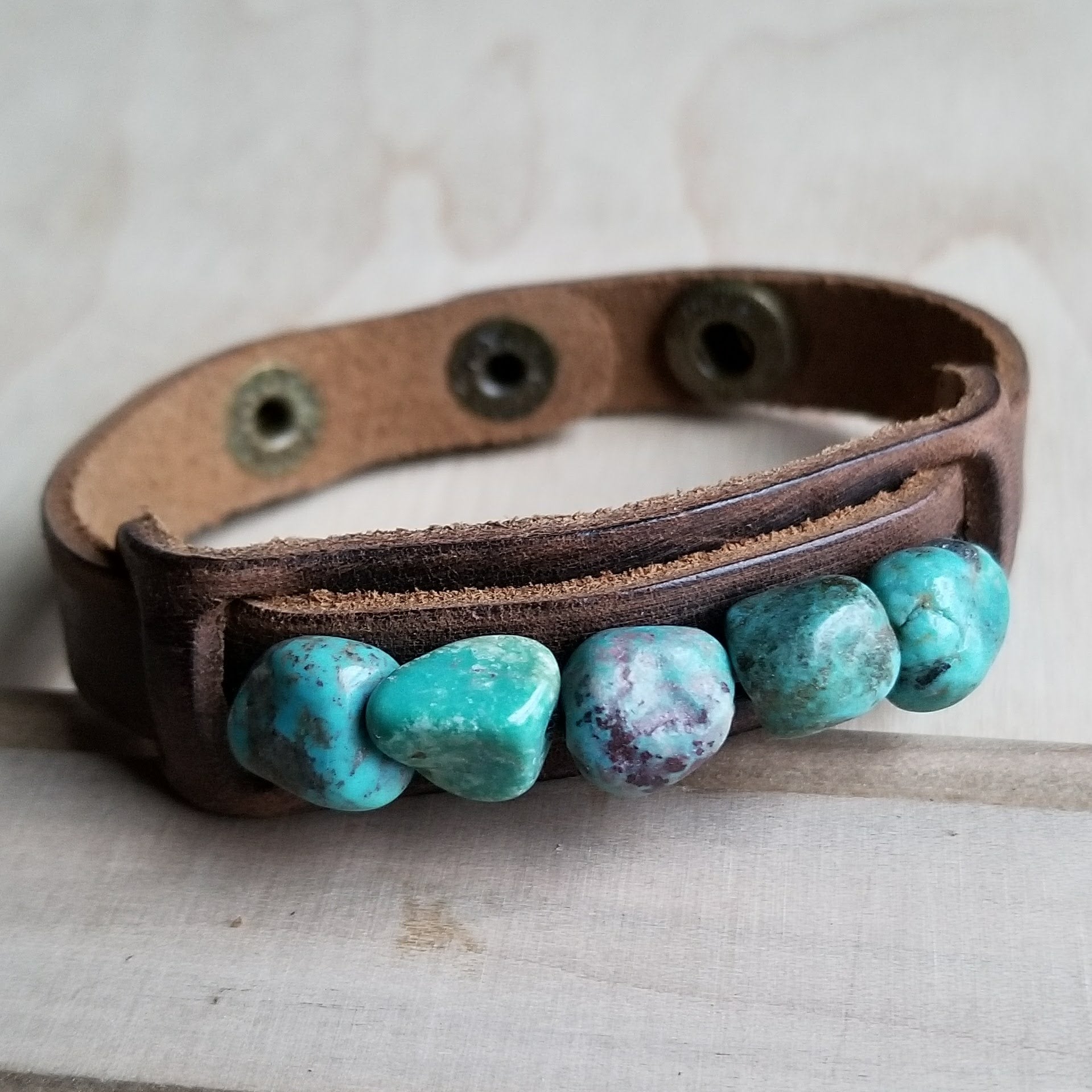 Genuine Leather Narrow Cuff &amp; Natural Turquoise Chunks 006q