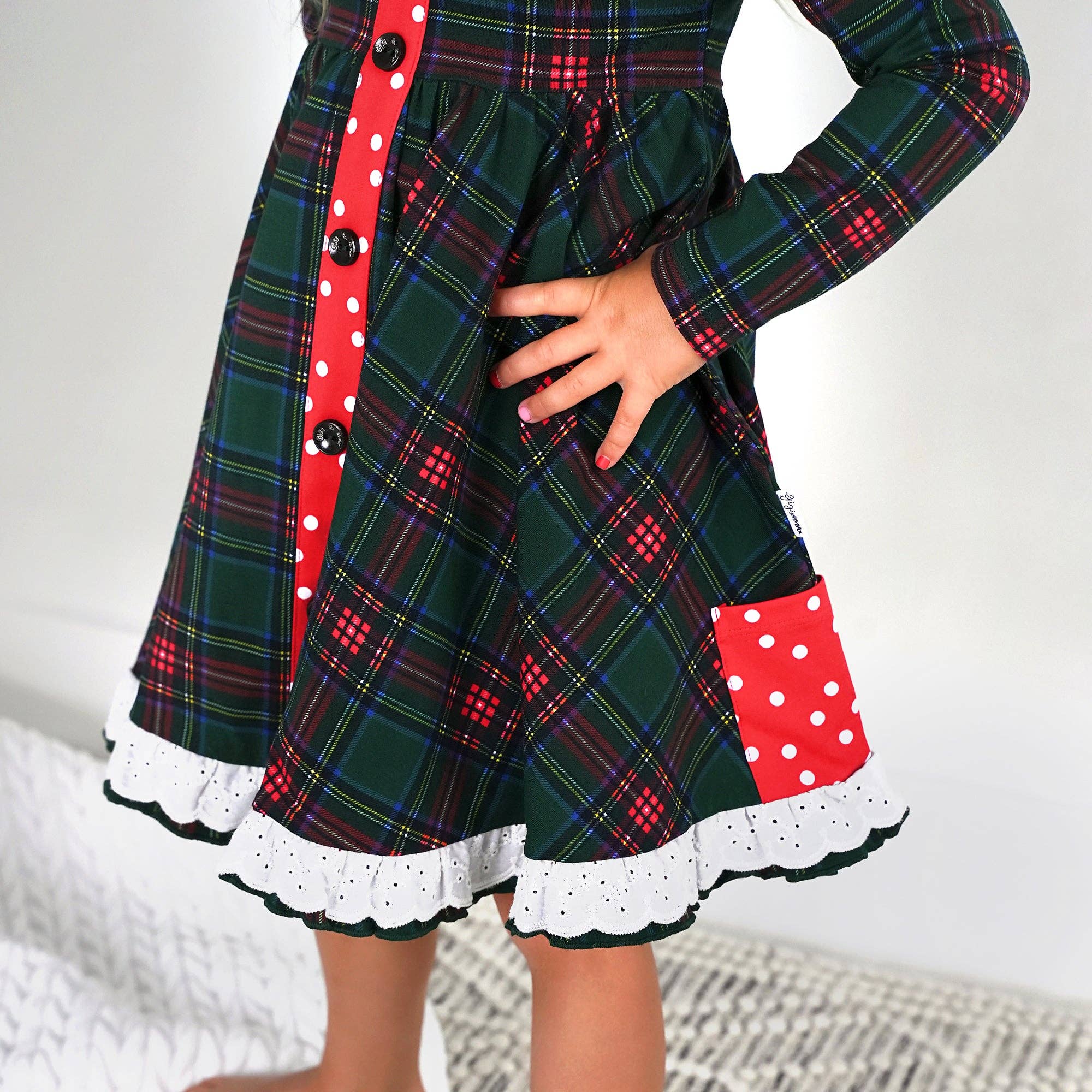 Kane Tartan &amp; Ruby Dot Button Dress Christmas Tartan