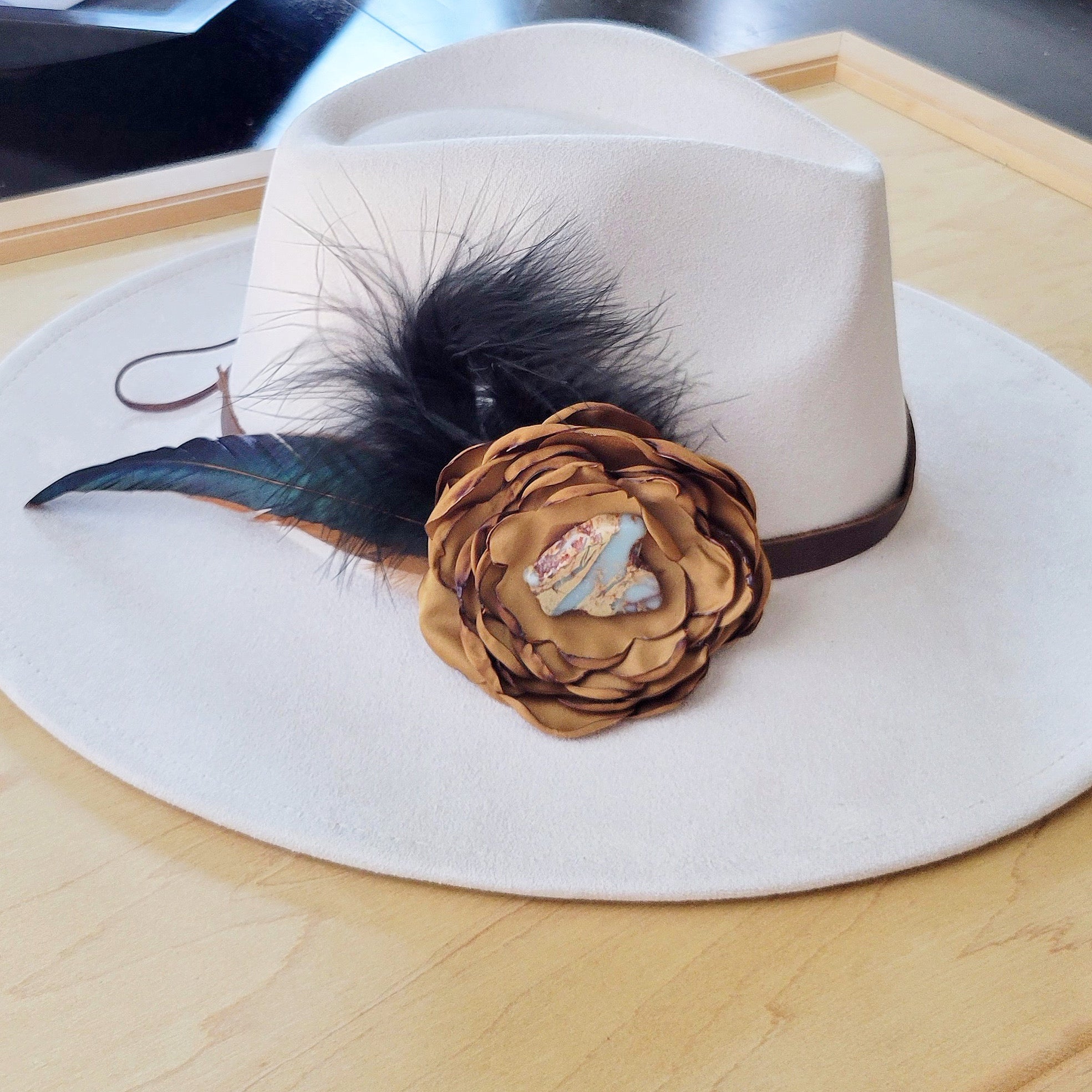 Leather Hat Band w/ Silk Flower &amp; Feathers-Old Gold (Band Only) 952v
