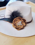 Leather Hat Band w/ Silk Flower & Feathers-Old Gold (Band Only) 952v