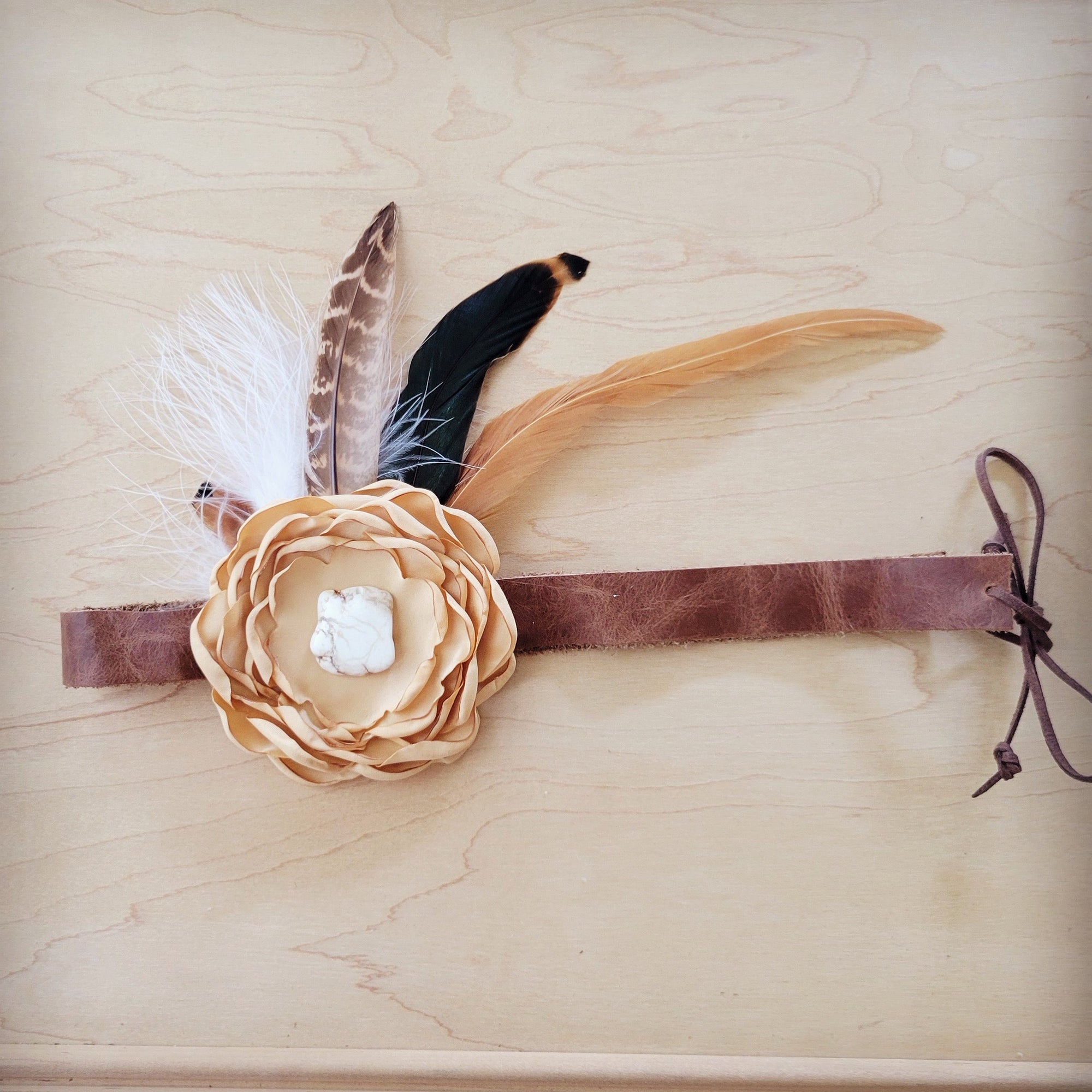 Leather Hat Band w/ Silk Flower &amp; Feathers-Gold (Band Only) 952x