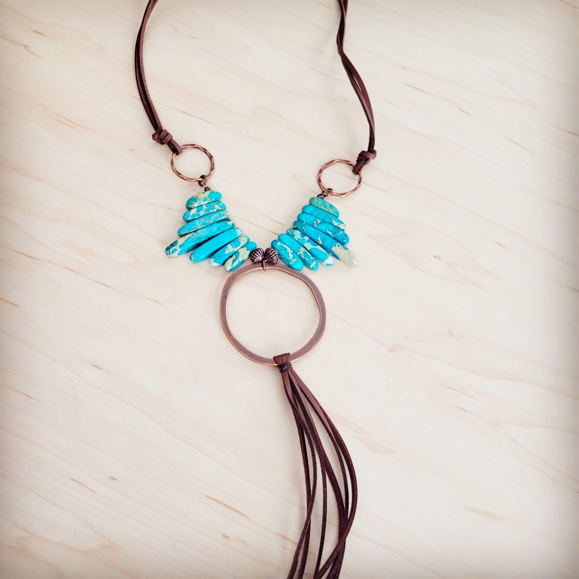 Imperial Jasper Slab Necklace w/ Copper Hoop &amp; Tassel 252h