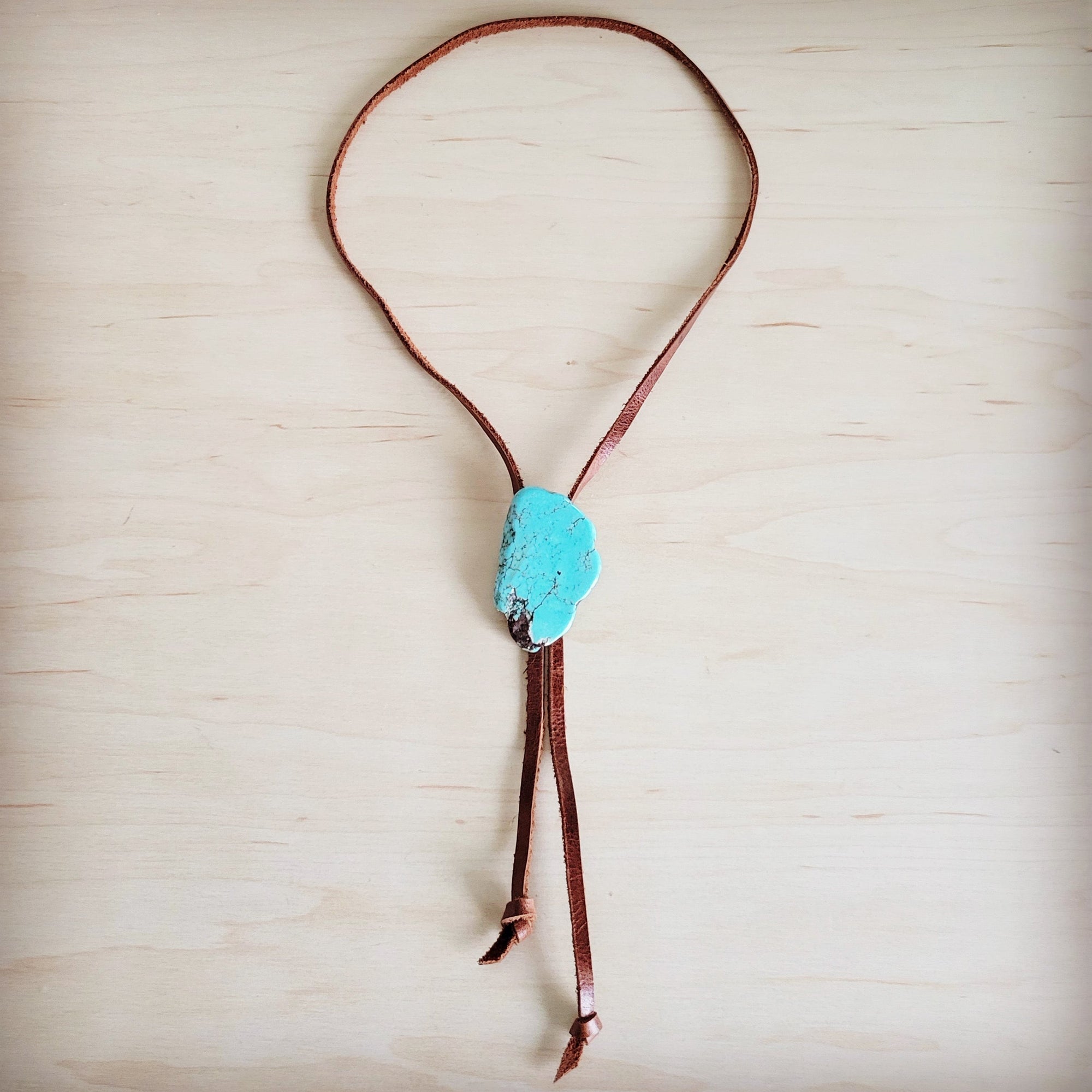 Leather Lariat Boho Necklace w/ Turquoise Slab Accent 263t