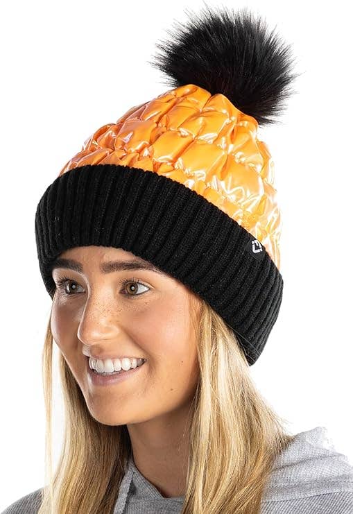 Puffer Faux Fur Pom Beanie - Black/Orange