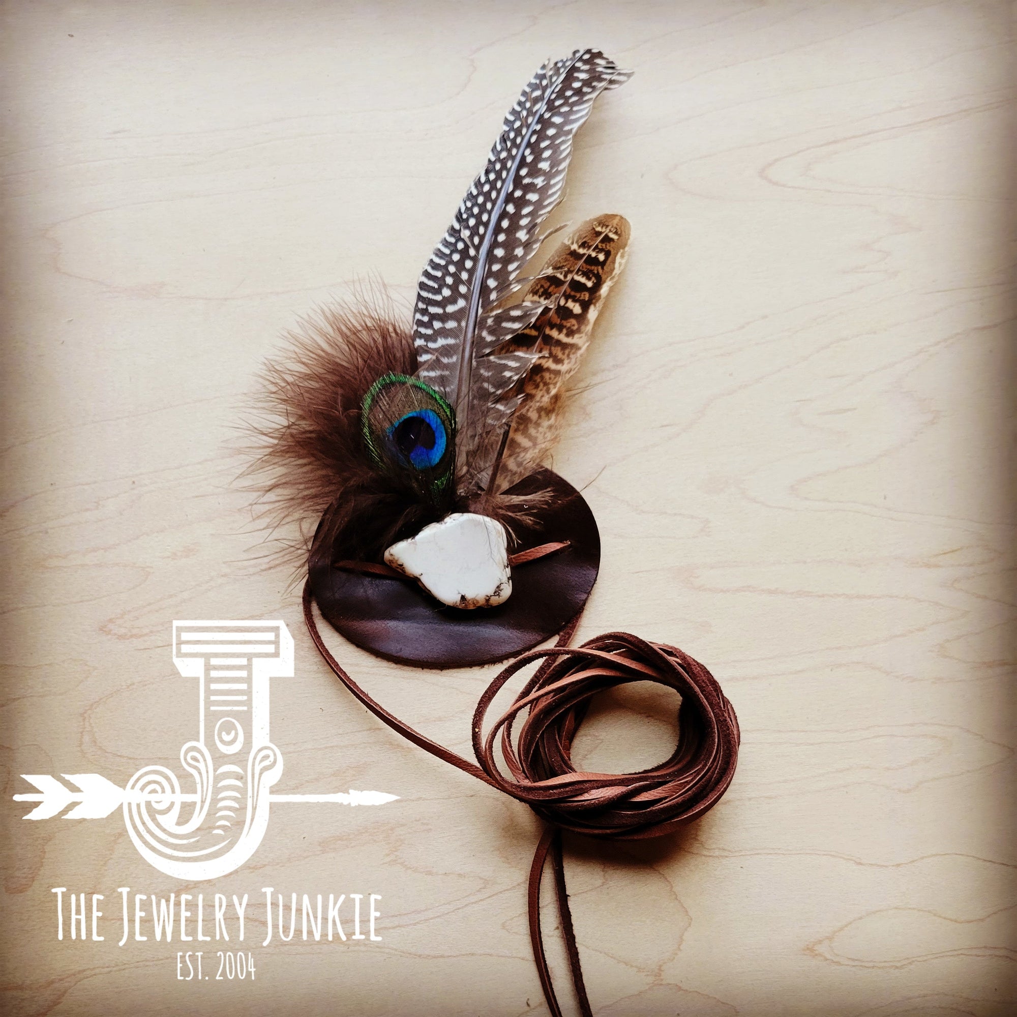 White Turq, Peacock Feather, &amp; Leather Hat Band (Band Only) 980v