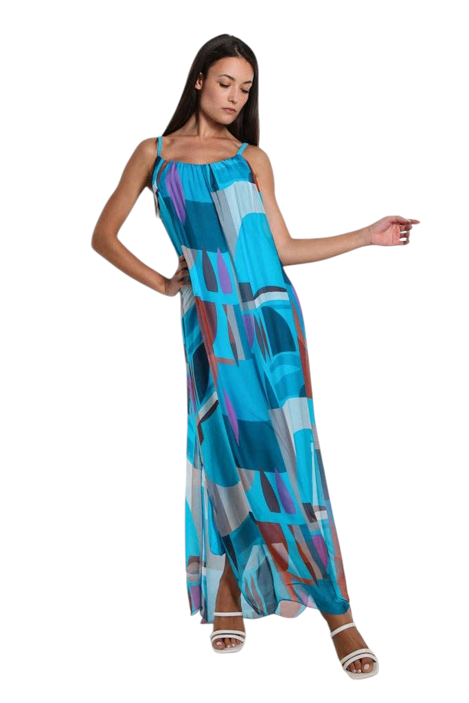 The Strawberry Shop Marla silk maxi dress in a blue retro geometric print with spaghetti straps and side slits.