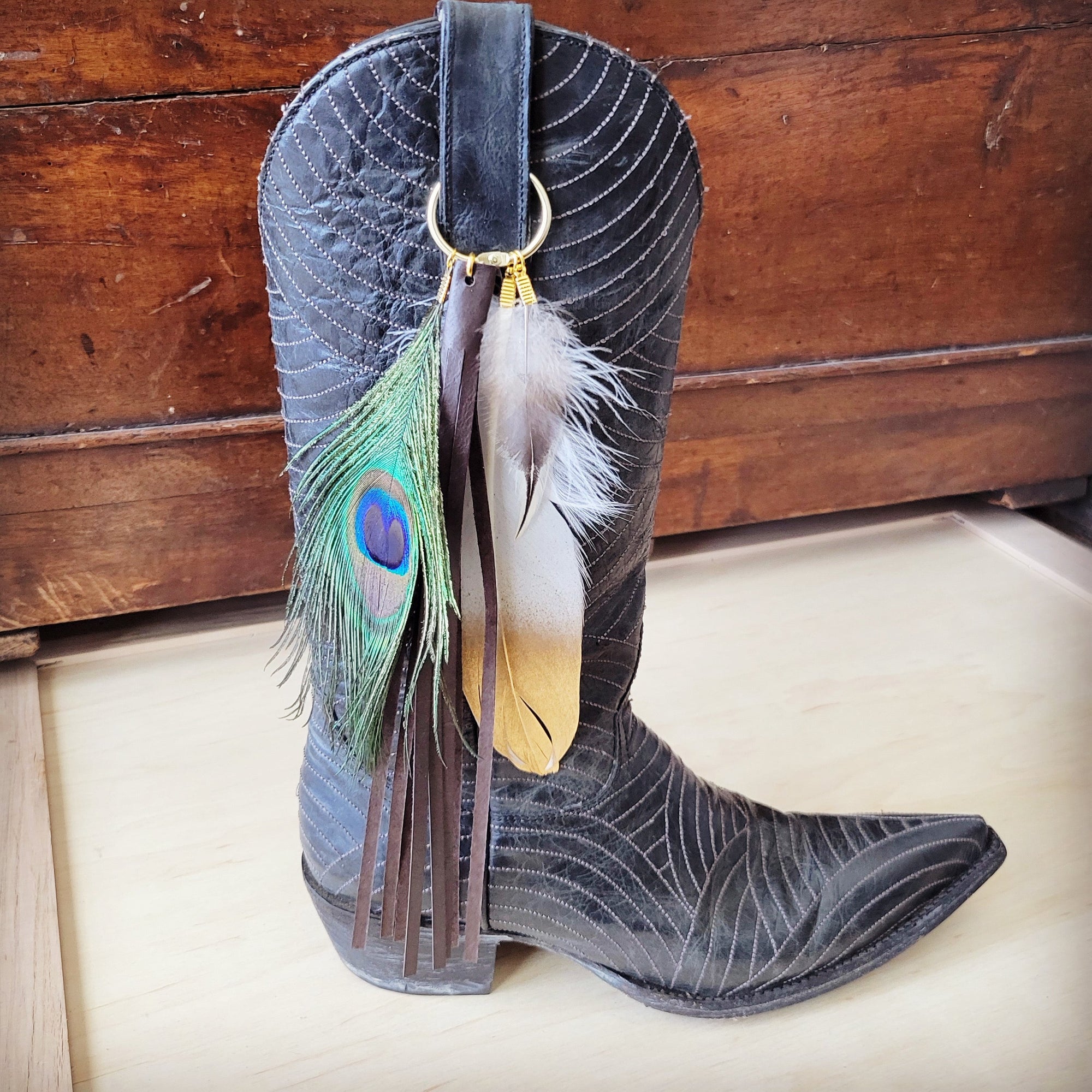 Boho Western Leather Boot Bling Cognac Suede w/ Peacock Feather 500w