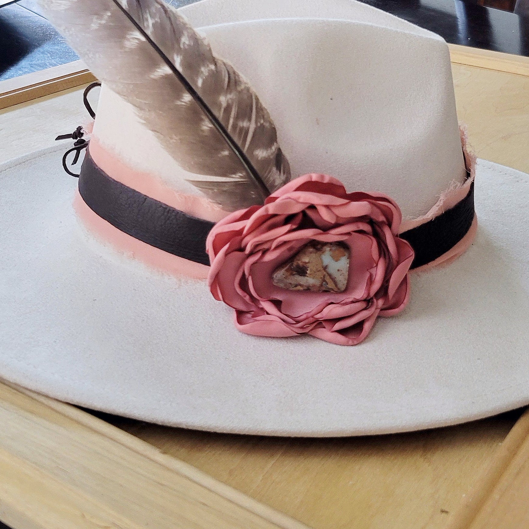 Leather Hat Band w/ Silk Flower &amp; Feathers-Rose (Band Only) 952w