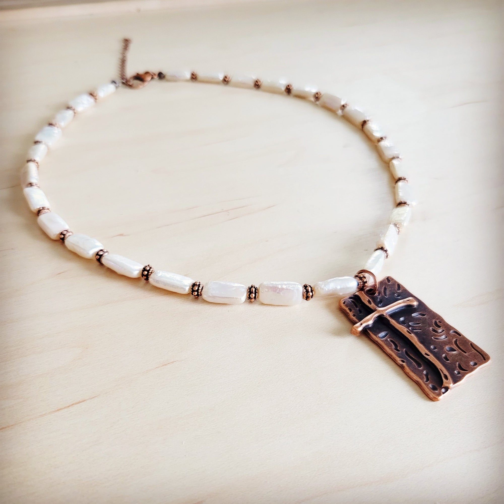Rectangle Freshwater Pearl &amp; Copper Necklace w/ Antique Cross Pendant 264a