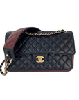Chanel Calfskin Quilted Strap into Flap Black Burgundy Shoulder Bag