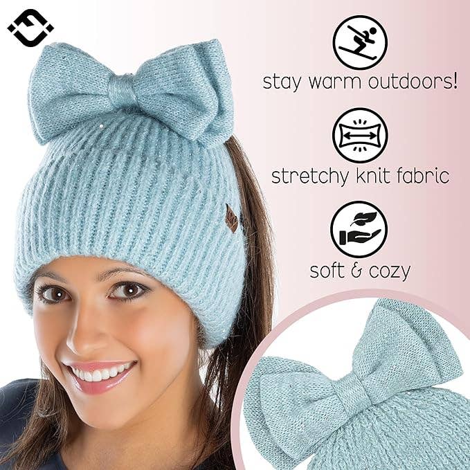 Sequin Ponytail Beanie with Top Bow - Light Blue