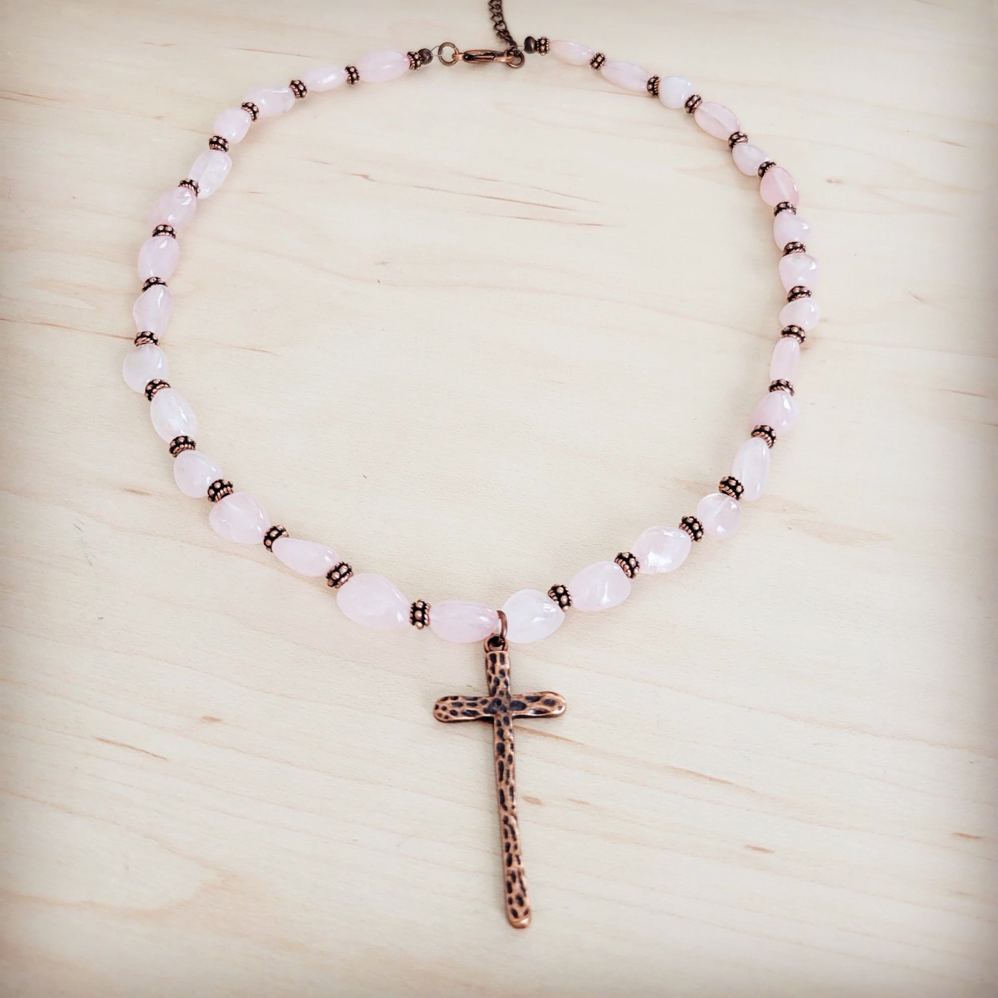 Rose Quartz Collar Necklace w/ Copper Cross Pendant 263i