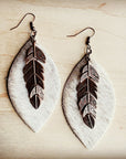 Leather Oval Earrings Tan Hair-on-Hide w/ Copper Feathers 223c