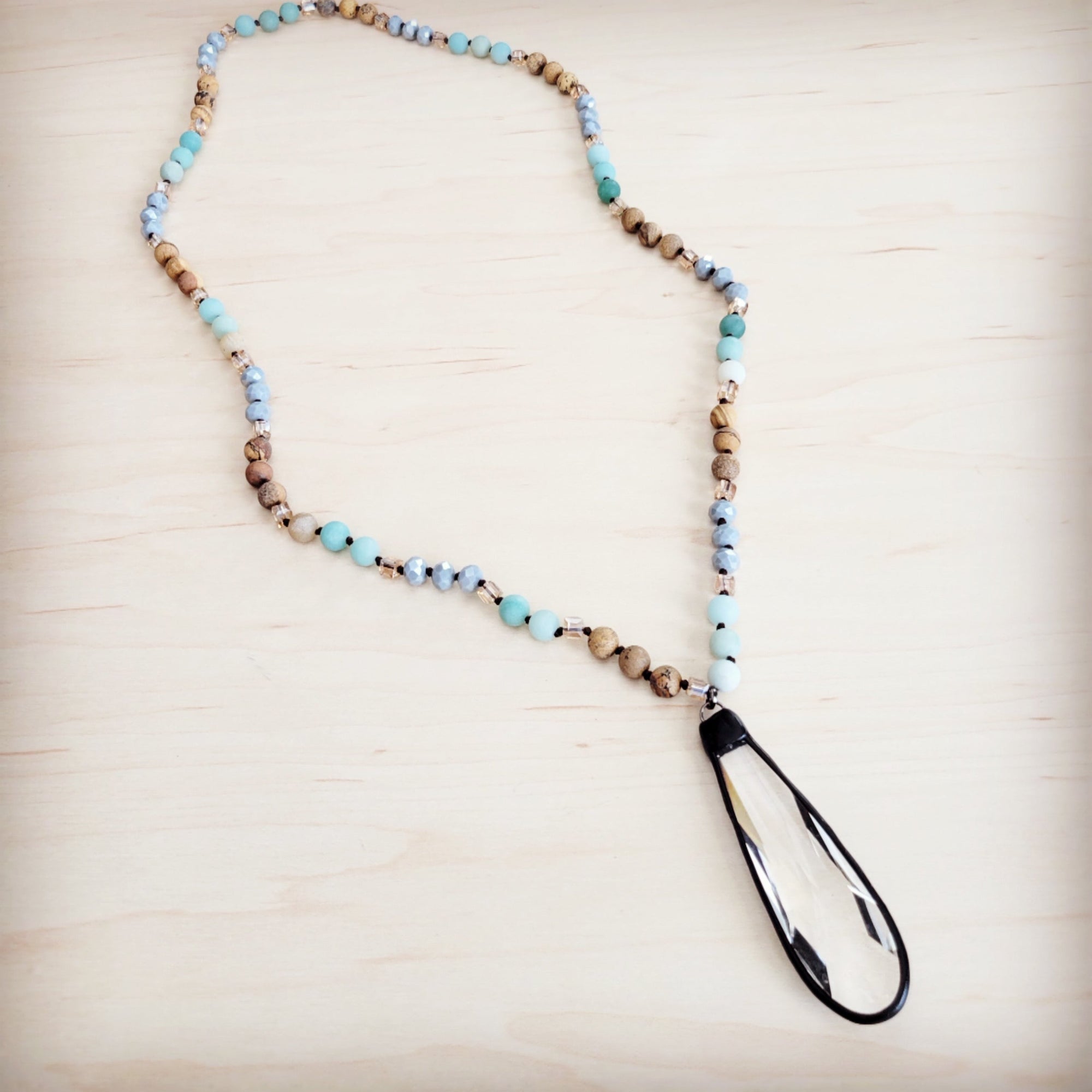 Picture Jasper &amp; Amazonite Long Beaded Necklace w/ Crystal Pendant 262r