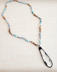 Picture Jasper & Amazonite Long Beaded Necklace w/ Crystal Pendant 262r