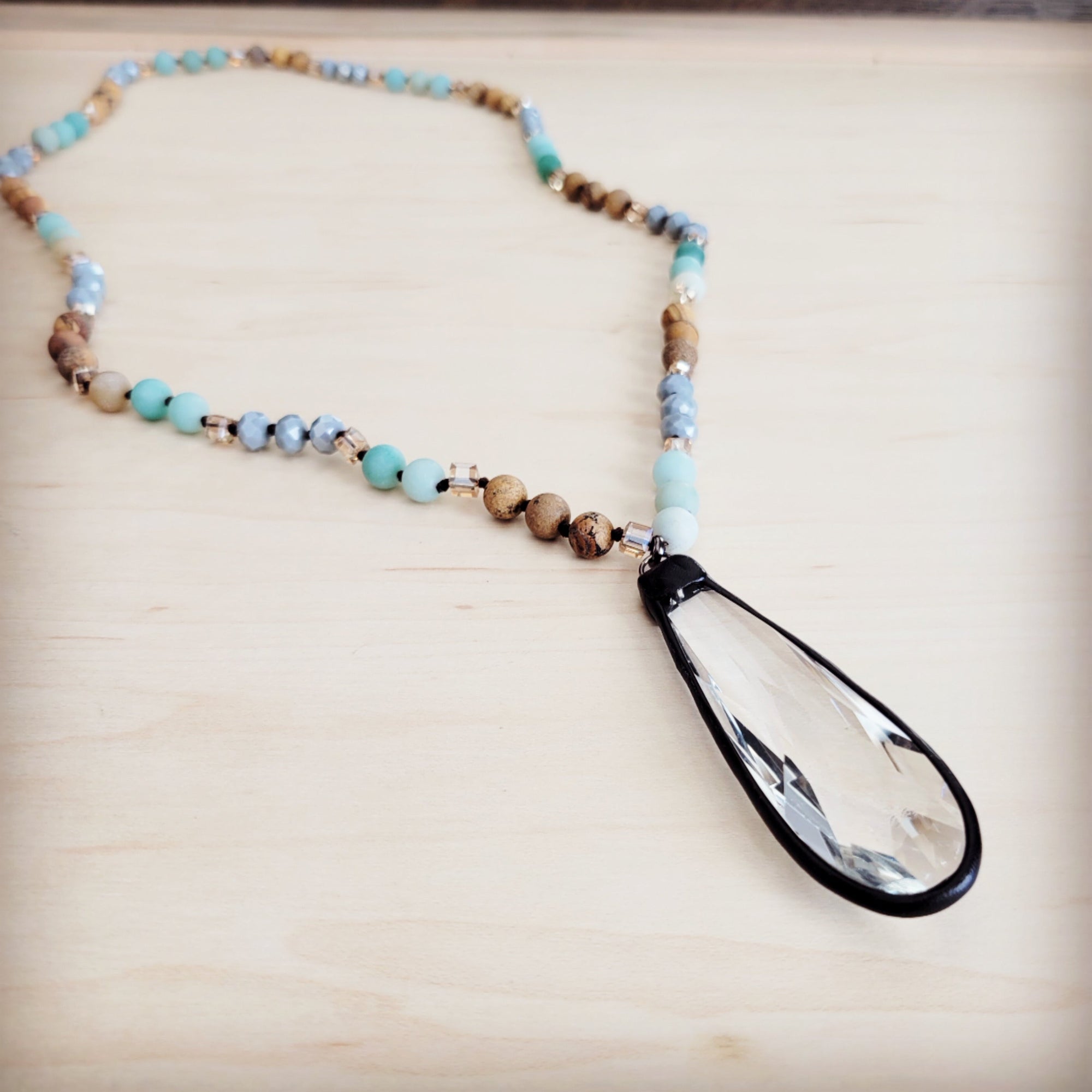Picture Jasper &amp; Amazonite Long Beaded Necklace w/ Crystal Pendant 262r