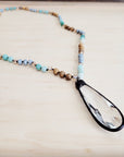 Picture Jasper & Amazonite Long Beaded Necklace w/ Crystal Pendant 262r