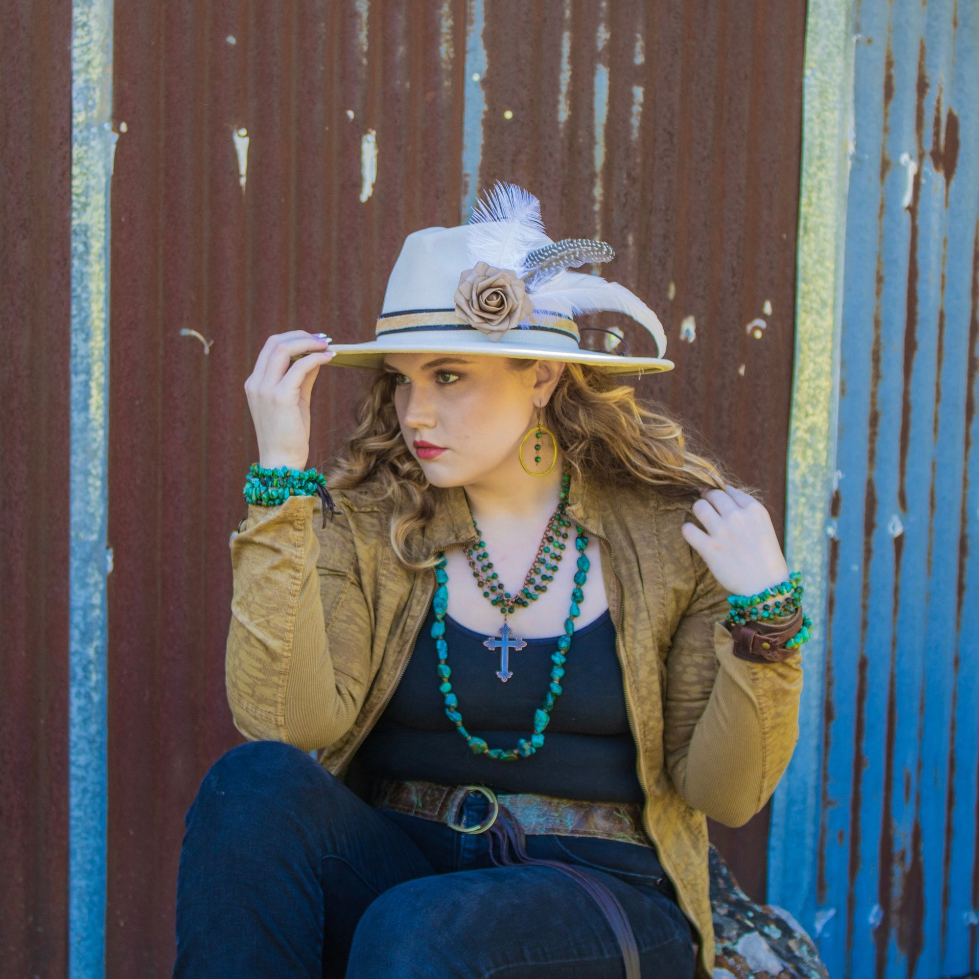 Leather Hat Band w/ Silk Flower &amp; Feathers-Coffee (Band Only) 952y